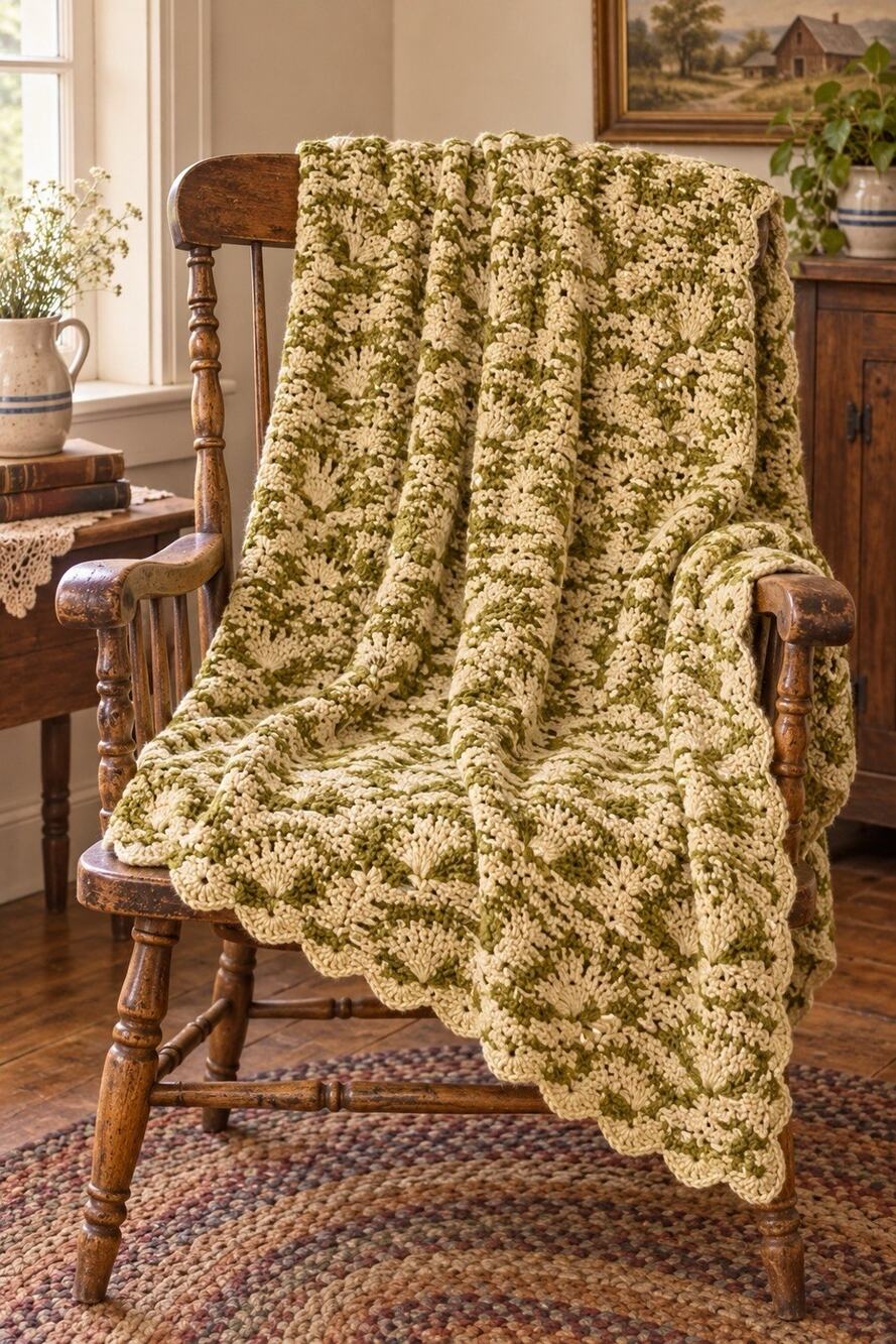Vintage Handmade Crochet Afghan Blanket Olive Green Cream Shell Stitch 69 X 59”
